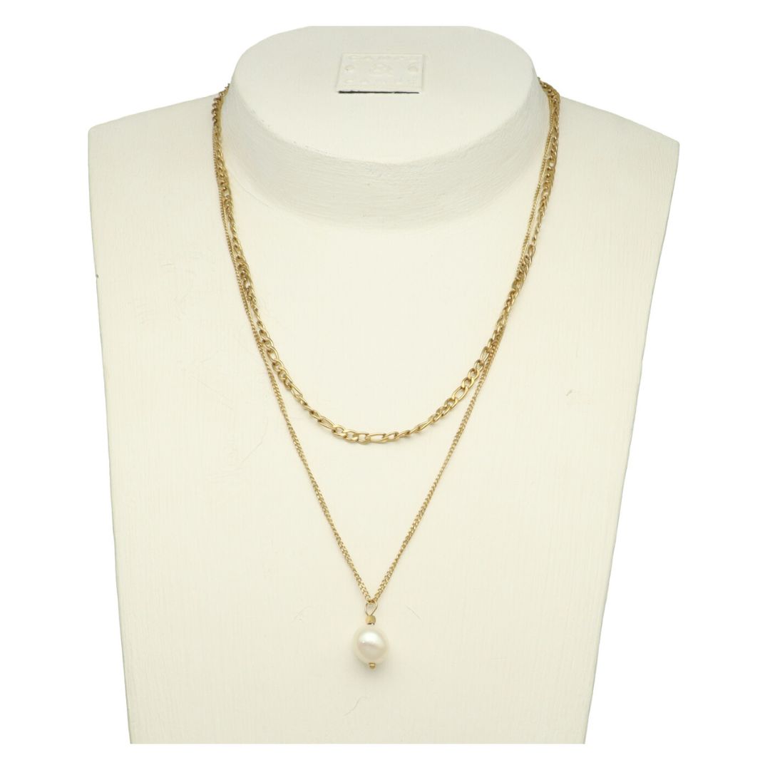 Double Figaro Chain Necklace With Pearl